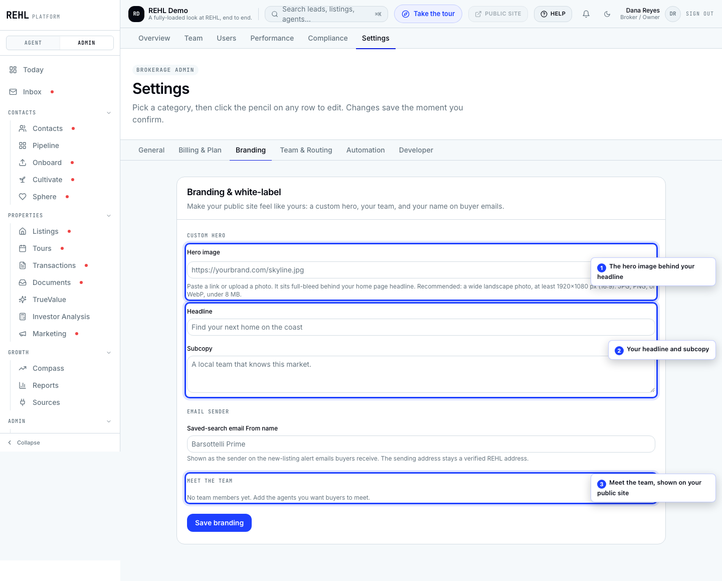 The Branding page: hero image, headline, subcopy, and the meet-the-team roster.